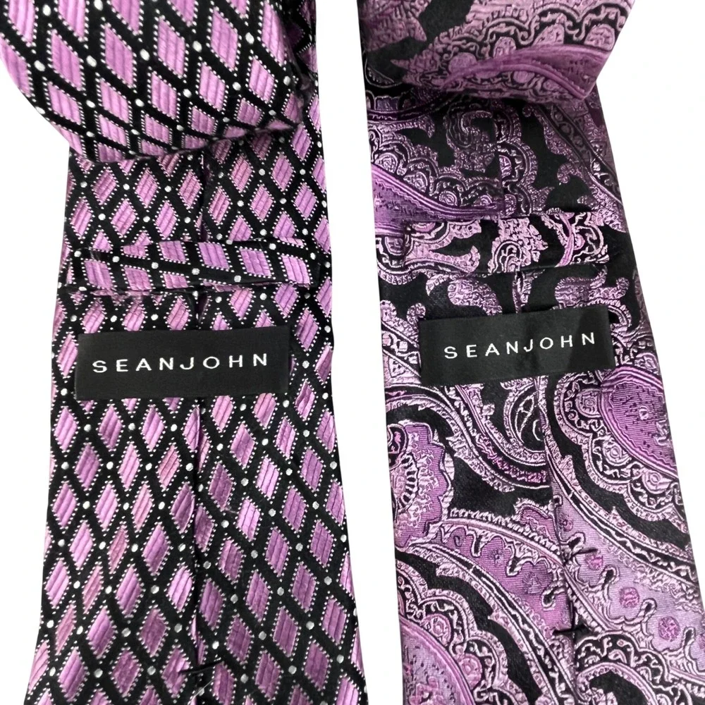 Sean John Purple Black Silk Tie‎ Bundle Paisley Geometric Workwear Preppy